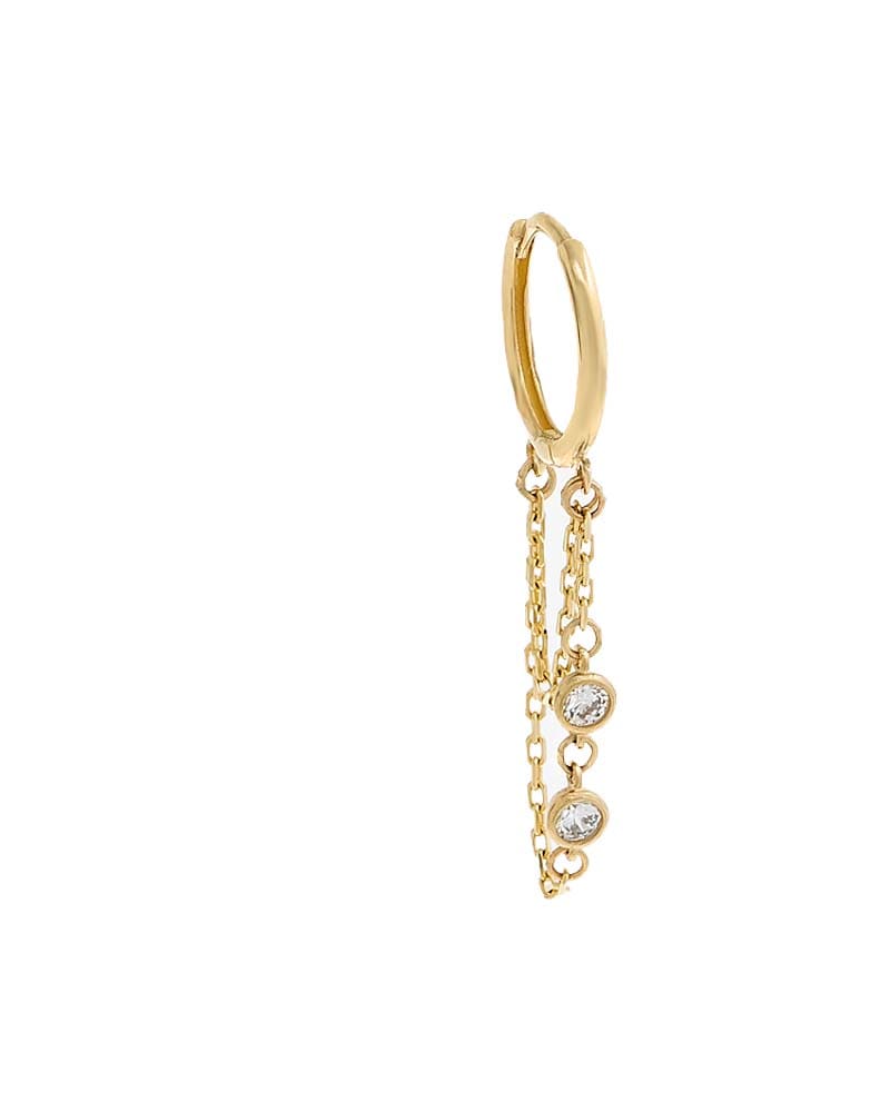 Front of a size One Size CZ Double Bezel Drop Chain Huggie Earring 14K Gold One Size Single in 14K Gold by By Adina Eden. | dia_product_style_image_id:292380